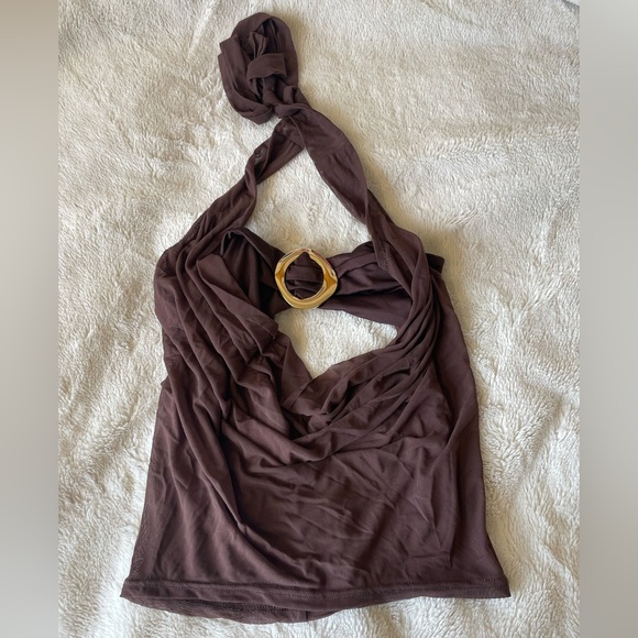 Draped Backless Halter Top with Gold Ring Detail - Brown - Picture 3 of 4